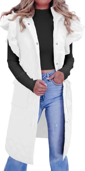 Tankaneo Womens Long Puffer Vests Fashion Ruffle Sleeve Quilted Gilet Coats Winter Hooded Down Jacket Vest