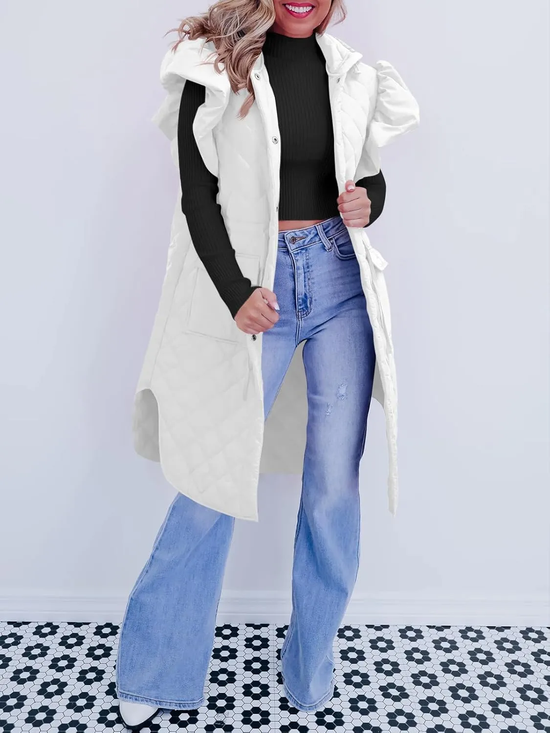 Tankaneo Womens Long Puffer Vests Fashion Ruffle Sleeve Quilted Gilet Coats Winter Hooded Down Jacket Vest