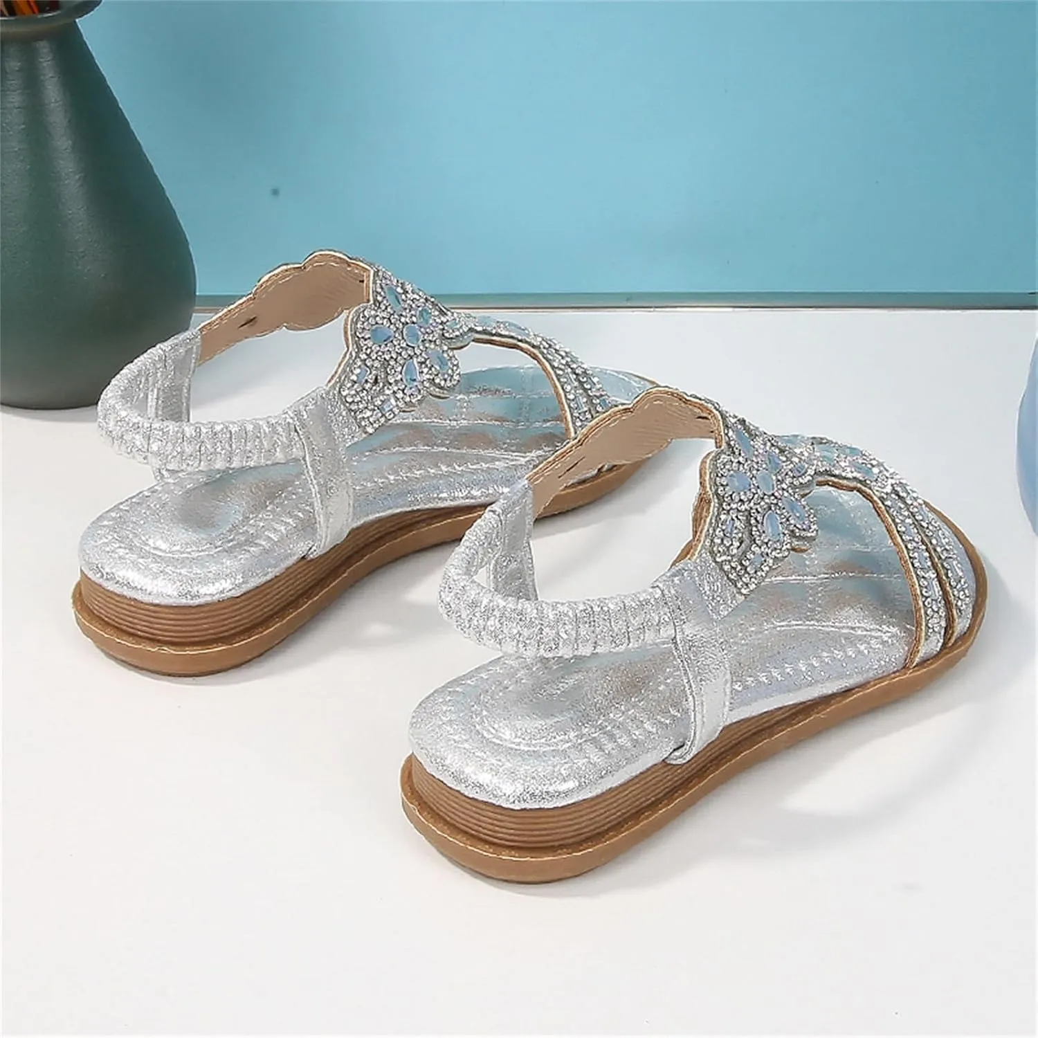 Toddler Girls Sandals Elastic Strap Soft Rubber Princess Flat Shoes Summer Flower Rhinestone Girl Shoes