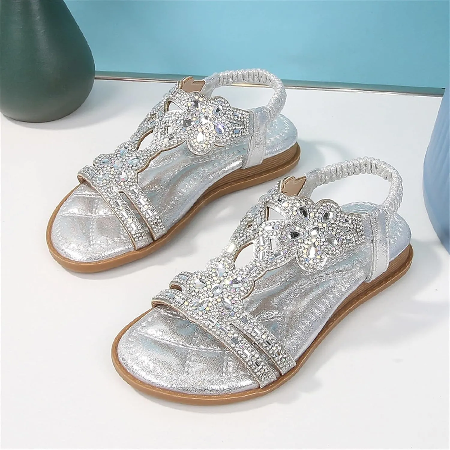 Toddler Girls Sandals Elastic Strap Soft Rubber Princess Flat Shoes Summer Flower Rhinestone Girl Shoes