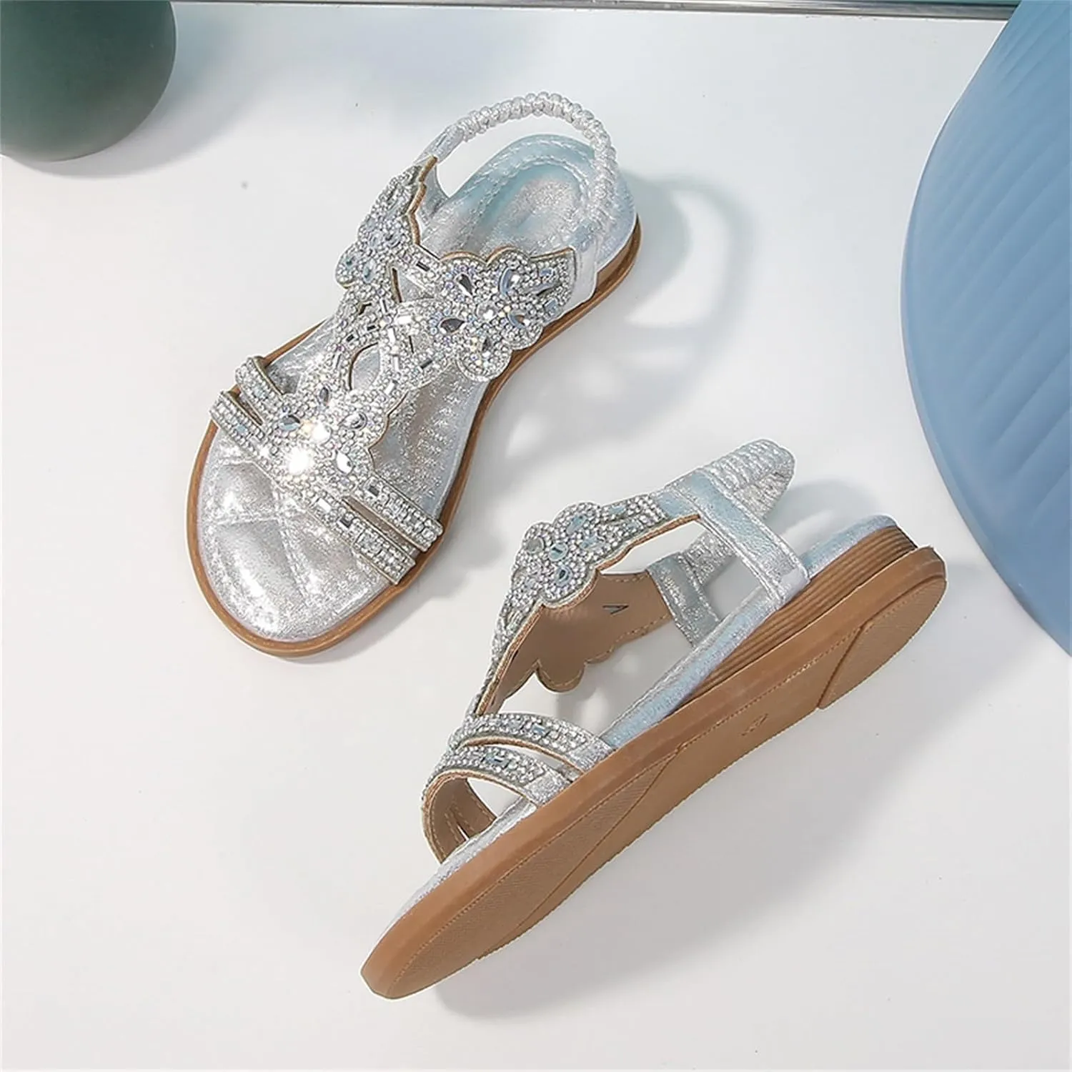 Toddler Girls Sandals Elastic Strap Soft Rubber Princess Flat Shoes Summer Flower Rhinestone Girl Shoes