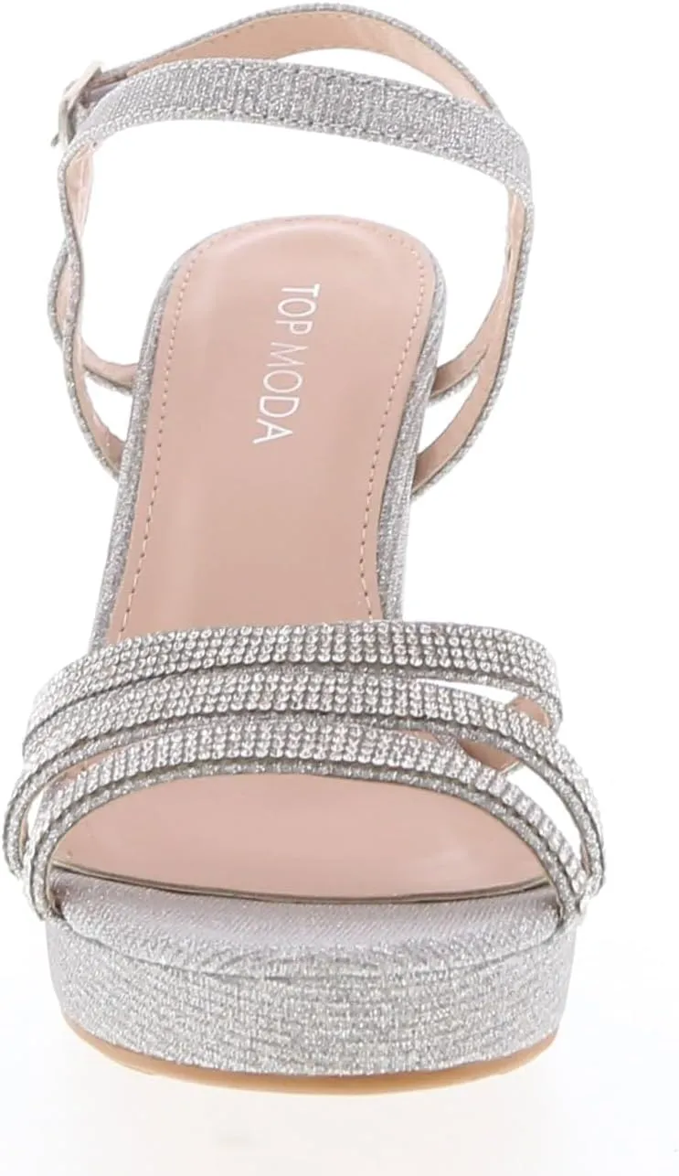 TOP Moda Asia-20 Women's Ankle Strap Platform High Heel Sandal, Dressy Strappy Rhinestone, Non-slip Sole, For Wedding, Party, Prom, Evening Wear Event Block Heel Sandals
