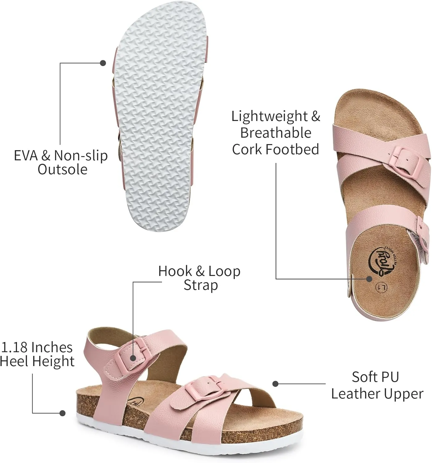 Trary Girls Sandals Open Toe Casual Summer Shoes with Cork Footbed Comfortable Flat Sandals for Little Kids