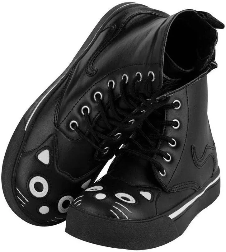 T.U.K. Black Kitty Cat Boots For Women, Faux Leather Lace Up Goth Boots
