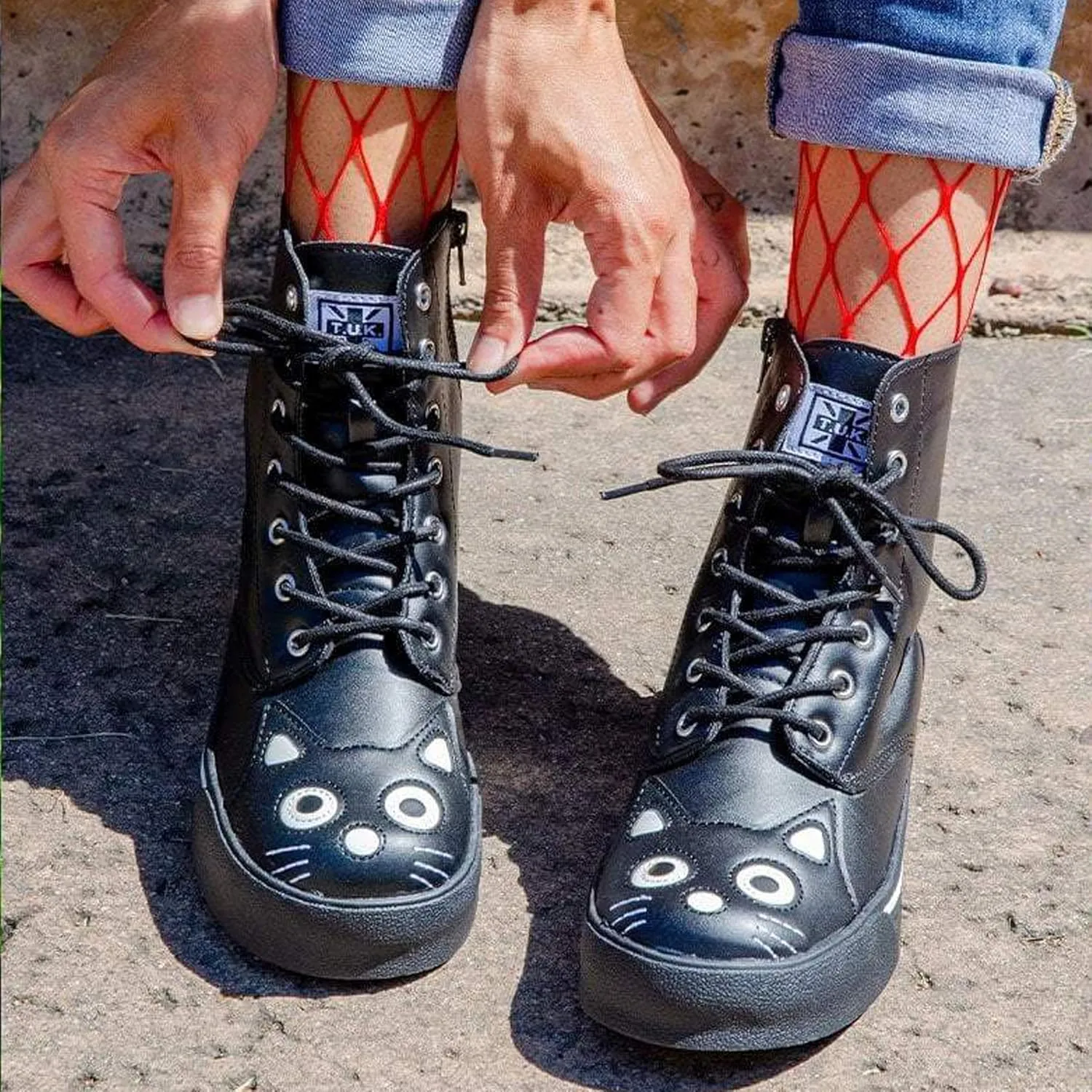 T.U.K. Black Kitty Cat Boots For Women, Faux Leather Lace Up Goth Boots