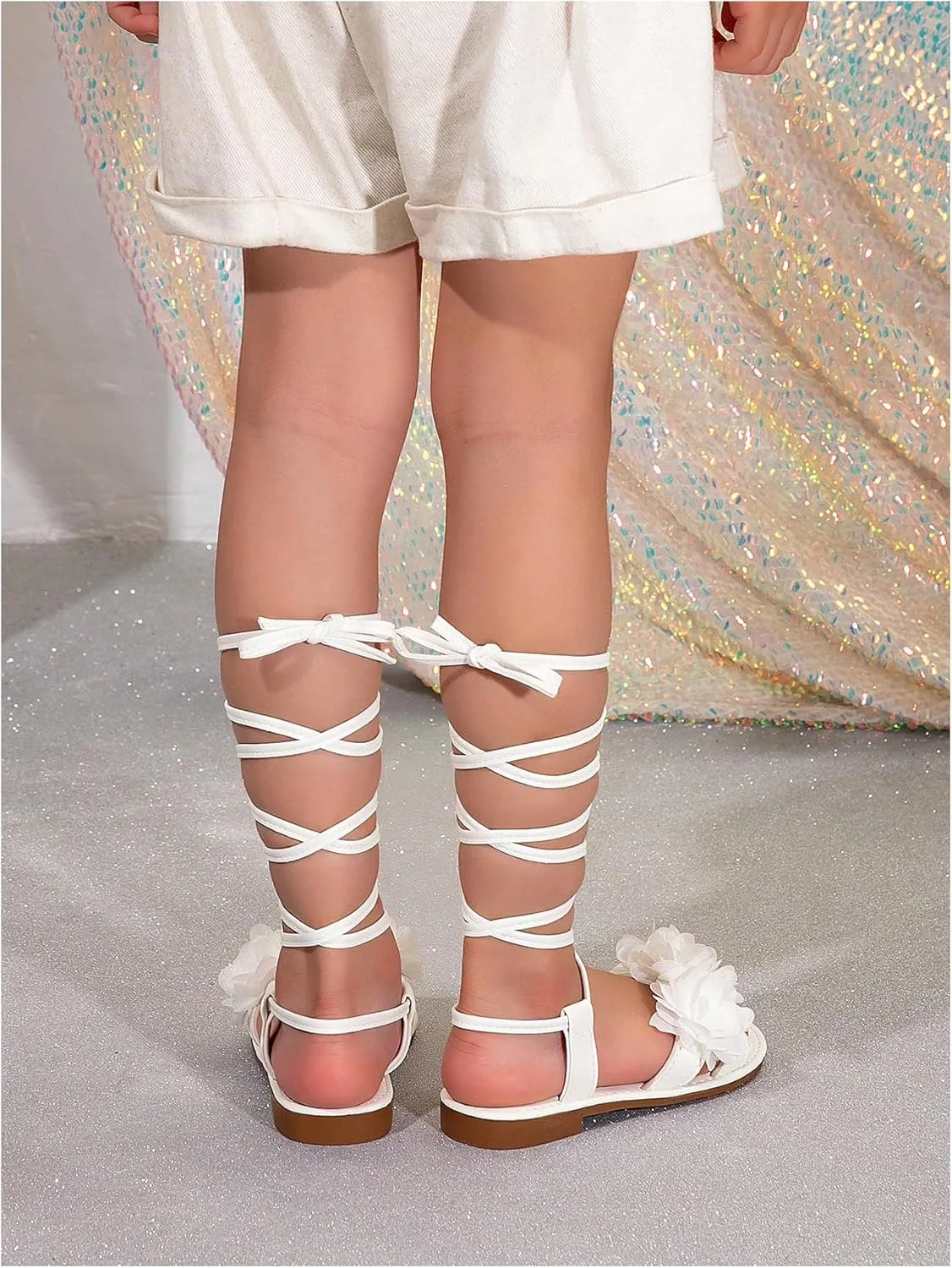 Verdusa Girl's Lace Up Flower Sandals Criss Cross Open Toe Leather Flat Sandals