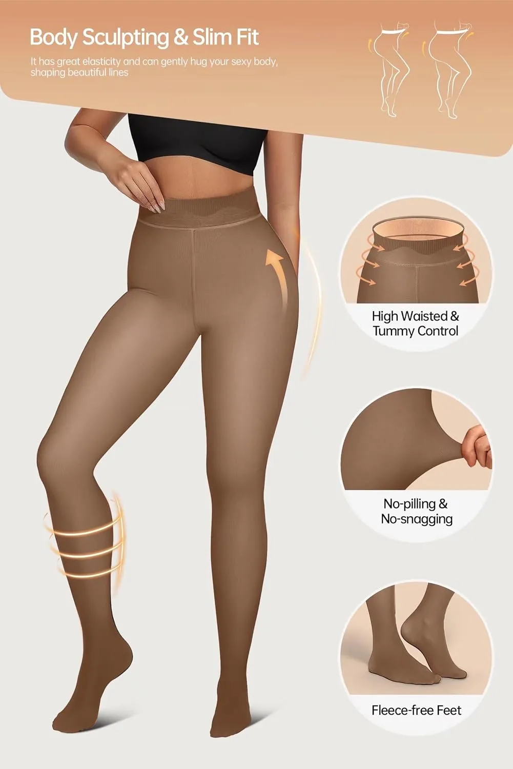 Vertvie Women's Fleece Lined Tights Sheer Fake Translucent One Seam Warm Pantyhose Thick High Waisted Thermal Leggings Winter