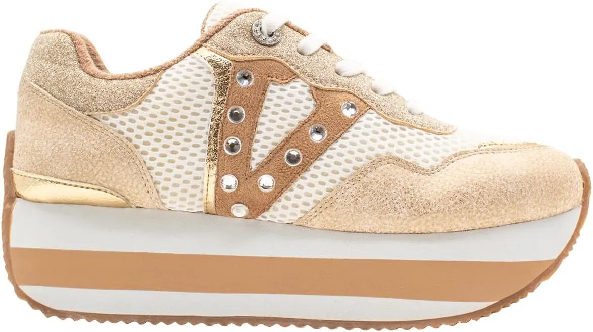 VOLATILE Womens Beckett Rhinestone Metallic Platform Lace Up Sneakers Shoes Casual - Beige, Gold