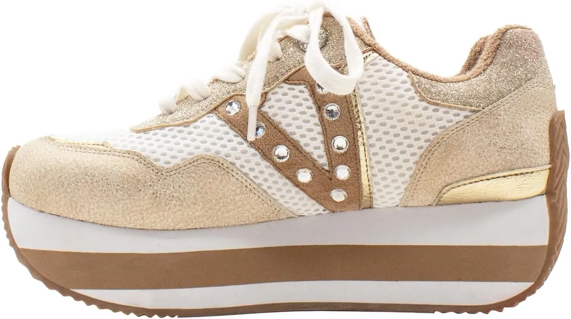 VOLATILE Womens Beckett Rhinestone Metallic Platform Lace Up Sneakers Shoes Casual - Beige, Gold