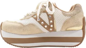 VOLATILE Womens Beckett Rhinestone Metallic Platform Lace Up Sneakers Shoes Casual - Beige, Gold