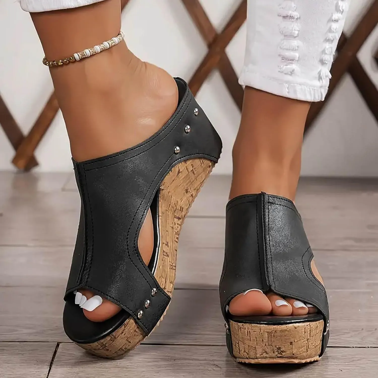 Wedge Sandals for Women Dressy Summer Platform Sandals Comfortable Open-Toe Cork Casual Shoes Peep Toe Slide Sandals