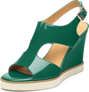 Wedge Sandals for Women,Slingback Open Toe Patent Wedge Heels,Womens Round Toe Slip on Heeled Sandals,Casual Dress Party Shoes 3.3 Inch