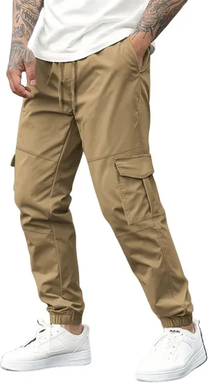 WENKOMG1 Tactical Pants for Men Elastic Ankle and Waist Drawstring Casual Cargo Pants Basic Summer Multipockets Workwear
