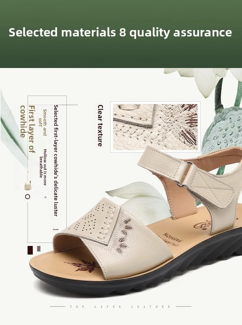 Wholesale Leather Soft-soled Mom Sandals Summer Flat Non-slip Elderly Beach Shoes Large Size Hollow Women's Shoes Wear-resistant and lightweight, breathable and comfortable