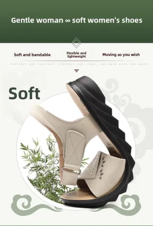 Wholesale Leather Soft-soled Mom Sandals Summer Flat Non-slip Elderly Beach Shoes Large Size Hollow Women's Shoes Wear-resistant and lightweight, breathable and comfortable
