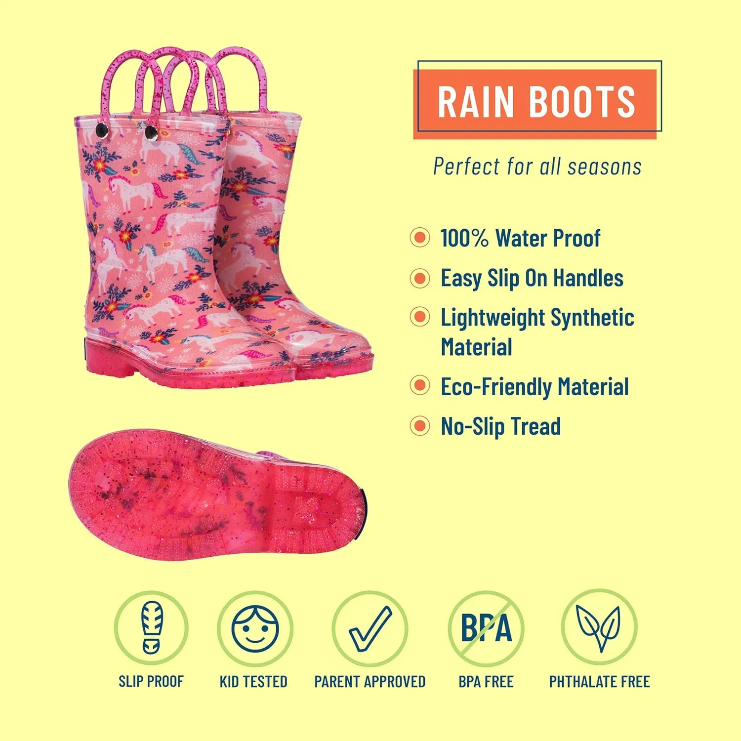 Wildkin Kids Rain Boots – 100% Waterproof with Slip-Resistant Tread & Easy Pull Handles