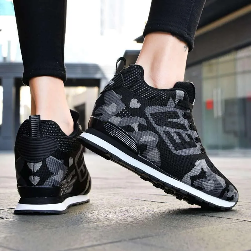 WILTENA Womens Mesh Breathable Camouflage Sneakers Ladys Invisible High-Heeled Wedge Platform Shoes