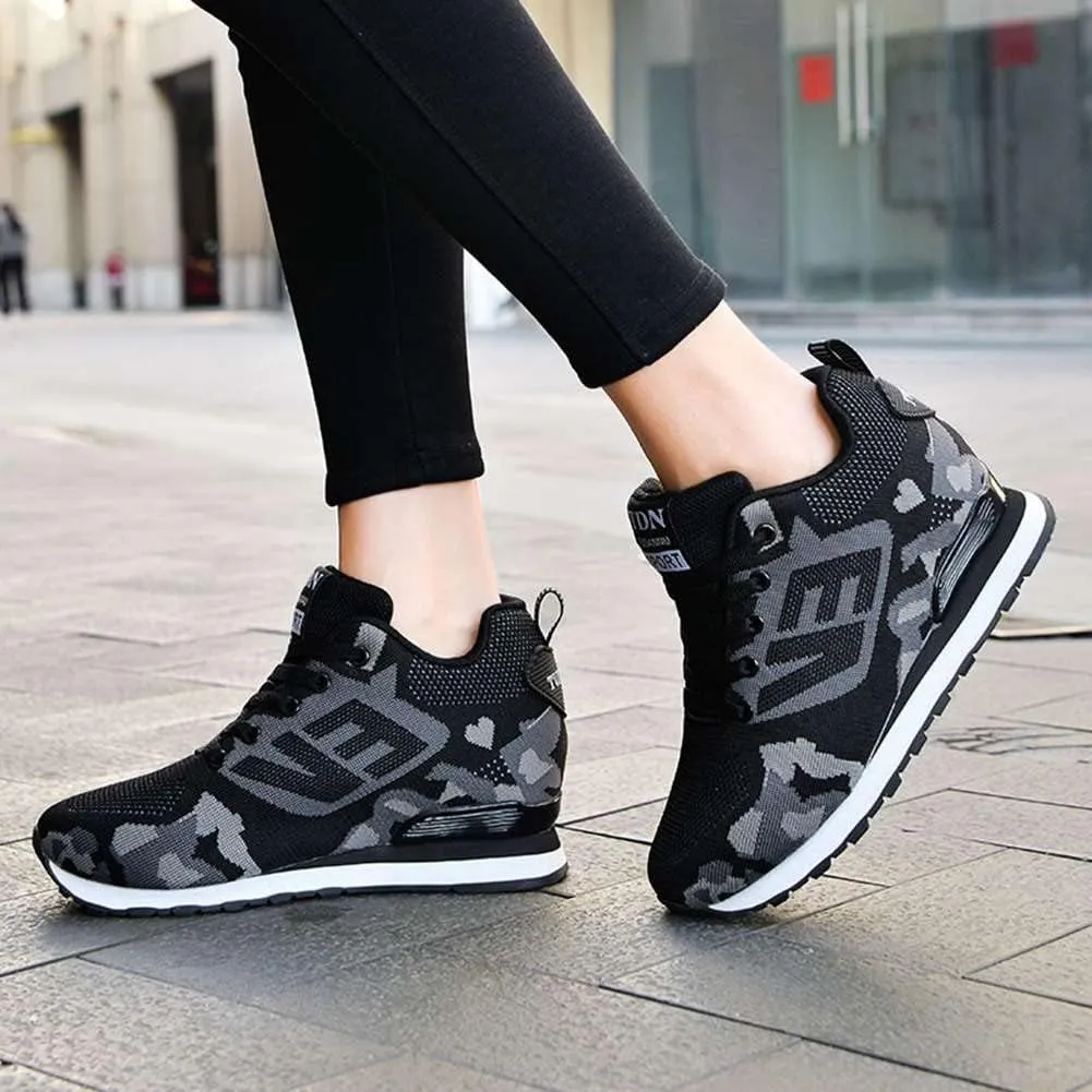 WILTENA Womens Mesh Breathable Camouflage Sneakers Ladys Invisible High-Heeled Wedge Platform Shoes