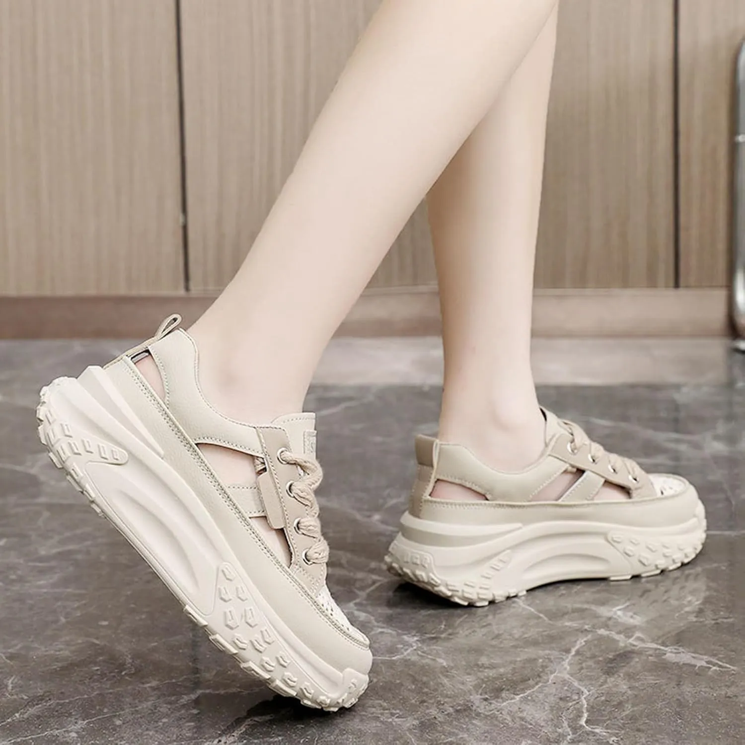 Women Chunky Platform Sneakers Breathable Cutout Walking Shoes Casual Summer Non Slip Soft Sole Sneakers