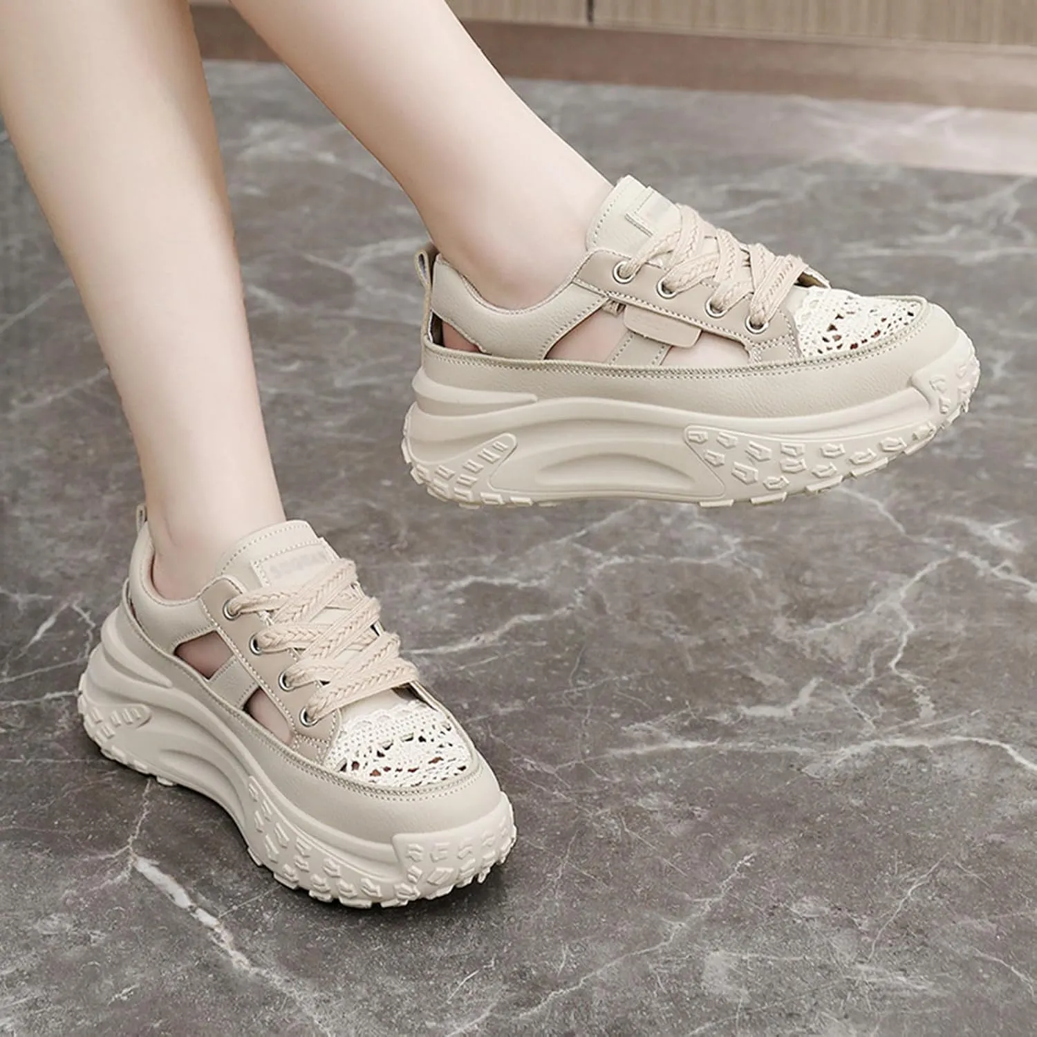 Women Chunky Platform Sneakers Breathable Cutout Walking Shoes Casual Summer Non Slip Soft Sole Sneakers