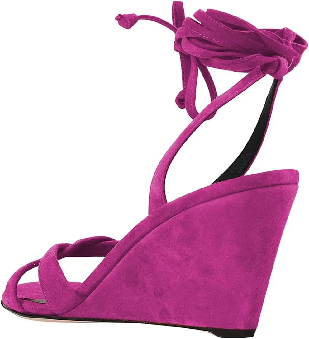Women Fashion Strappy Ankle Strap Sandals Open Almond Toe Lace up High Heel Wedges Casual Party Club Summer Shoes Size 4-16 US