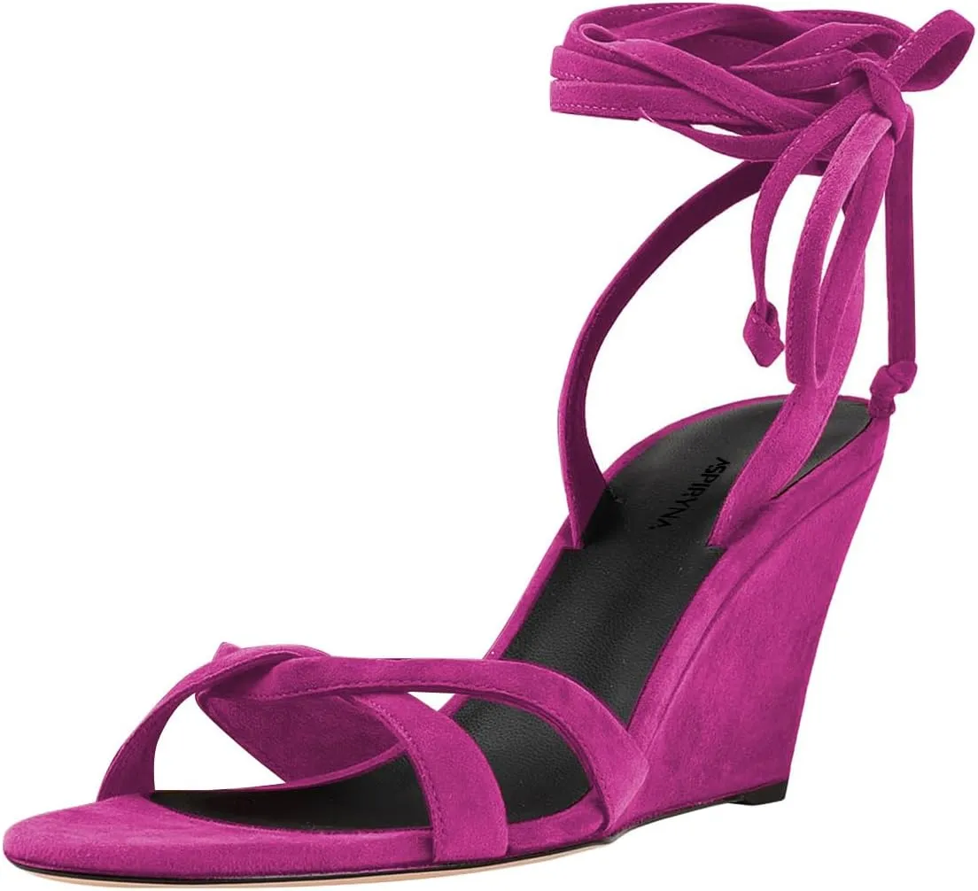 Women Fashion Strappy Ankle Strap Sandals Open Almond Toe Lace up High Heel Wedges Casual Party Club Summer Shoes Size 4-16 US
