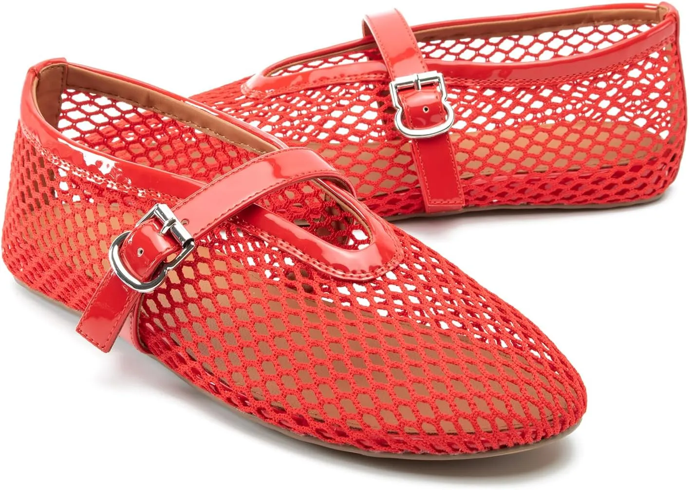 Women Mesh Flats Buckle Strap Round Toe Comfy Causal Ballet Flats Fashion Mary Jane Fishnet Ballerina Flat Shoes