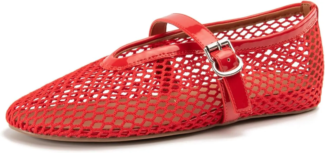 Women Mesh Flats Buckle Strap Round Toe Comfy Causal Ballet Flats Fashion Mary Jane Fishnet Ballerina Flat Shoes