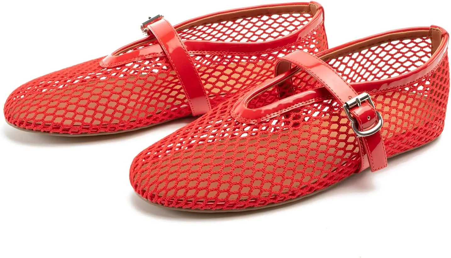 Women Mesh Flats Buckle Strap Round Toe Comfy Causal Ballet Flats Fashion Mary Jane Fishnet Ballerina Flat Shoes