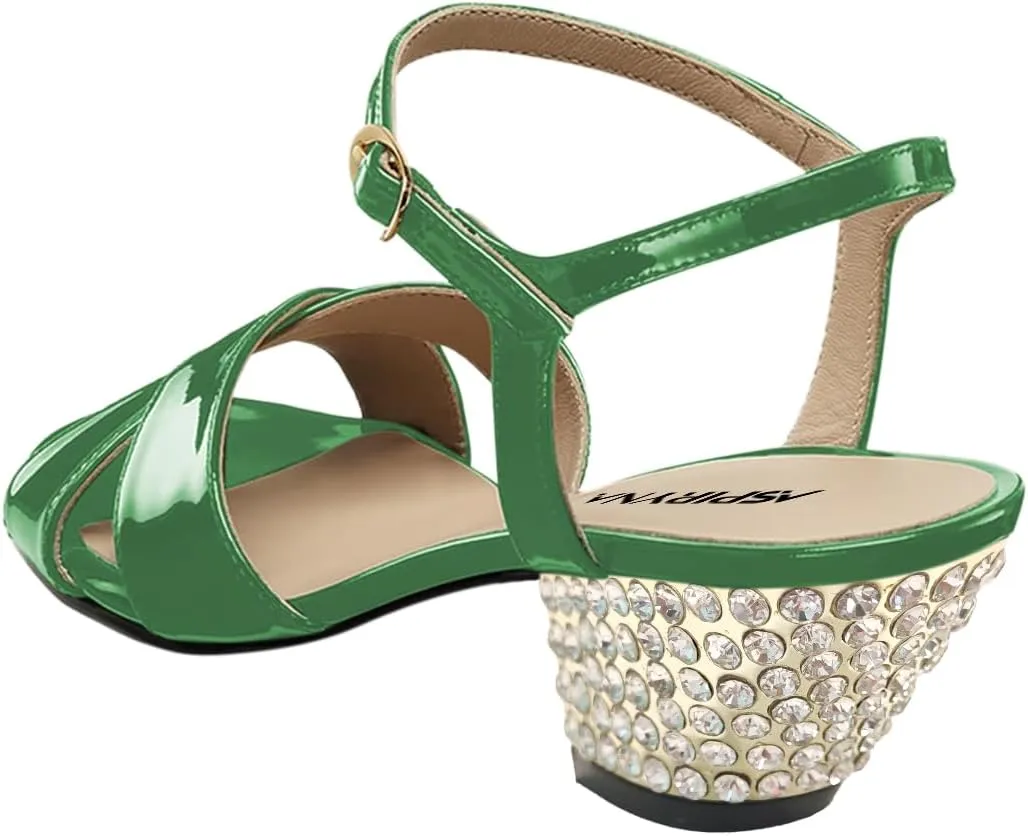 Women Open Toe Cross Strap Sandals Ankle Strap Special Studded Rhinestone Low Block Heels Prom Party Dress Shoes Size 4-16 US
