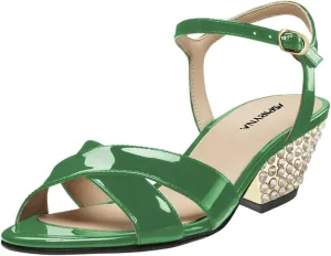 Women Open Toe Cross Strap Sandals Ankle Strap Special Studded Rhinestone Low Block Heels Prom Party Dress Shoes Size 4-16 US