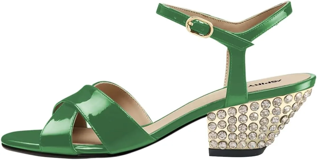 Women Open Toe Cross Strap Sandals Ankle Strap Special Studded Rhinestone Low Block Heels Prom Party Dress Shoes Size 4-16 US