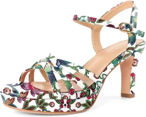 Women Platform Heel Sandals Strappy Heel Sandals Chunky Heel Sandals Open Toe Sandals Slingback Heel Sandals Comfort Dressy for Evening Party 3.5 Inch