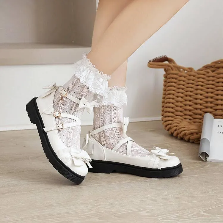 Women Platform Lolita Bow Mary Jane Flat with Lace