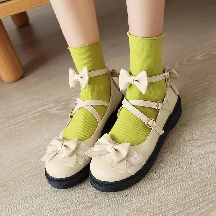 Women Platform Lolita Bow Mary Jane Flat with Lace