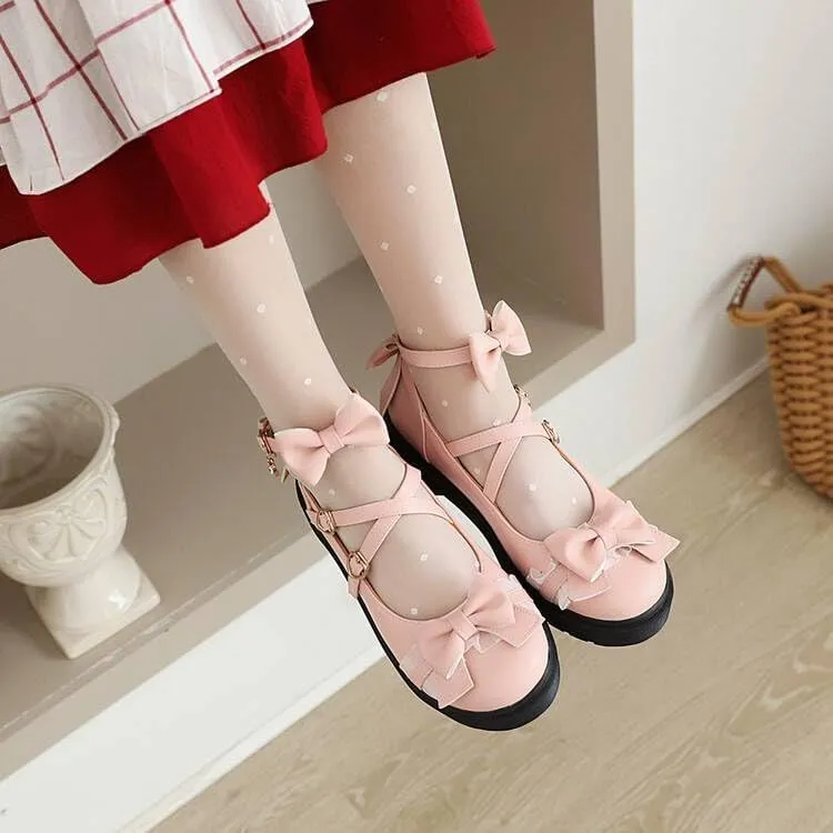 Women Platform Lolita Bow Mary Jane Flat with Lace
