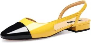 Women Slingback Flat Pumps Block Low Heeled Sandals Two Toned Cap Toe Dress Flats Slide Shoes for Formal Casual Wear
