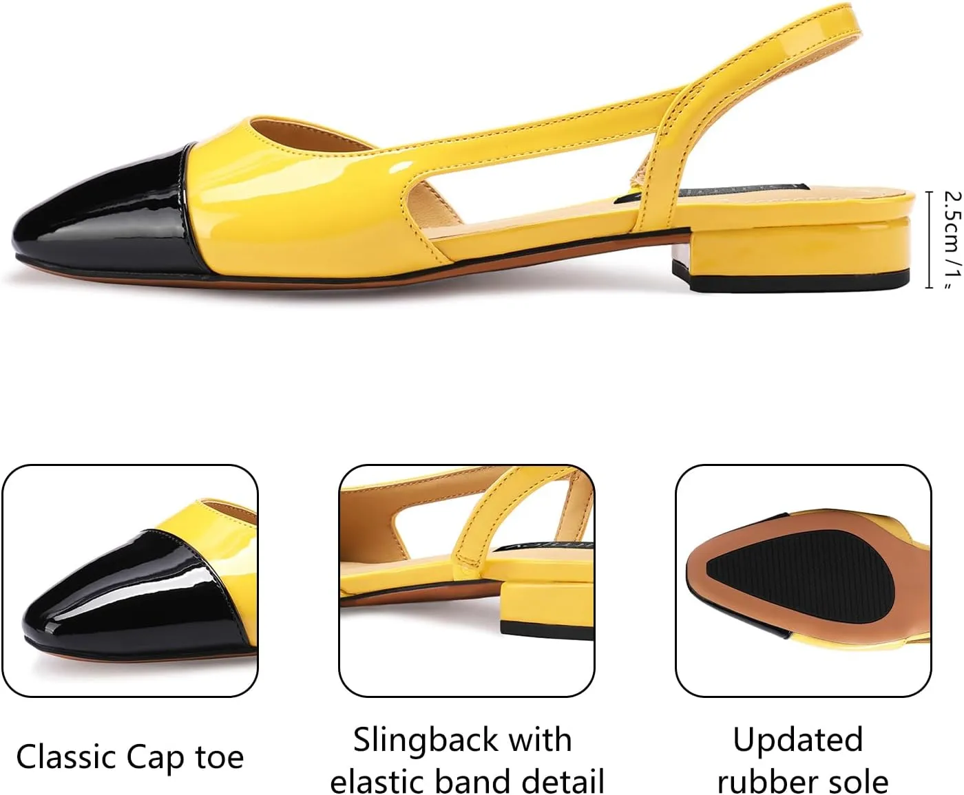 Women Slingback Flat Pumps Block Low Heeled Sandals Two Toned Cap Toe Dress Flats Slide Shoes for Formal Casual Wear
