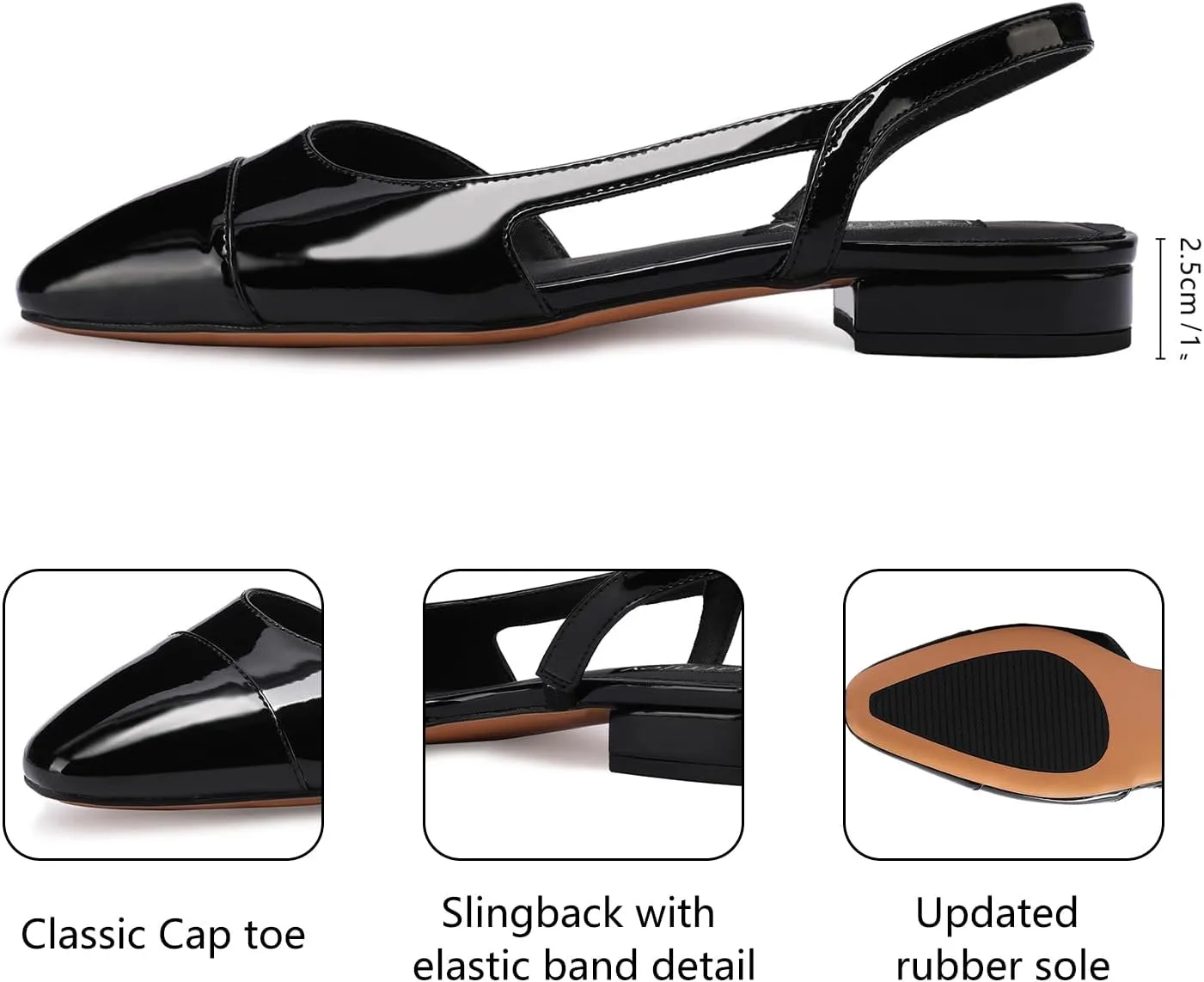 Women Slingback Flat Pumps Block Low Heeled Sandals Two Toned Cap Toe Dress Flats Slide Shoes for Formal Casual Wear