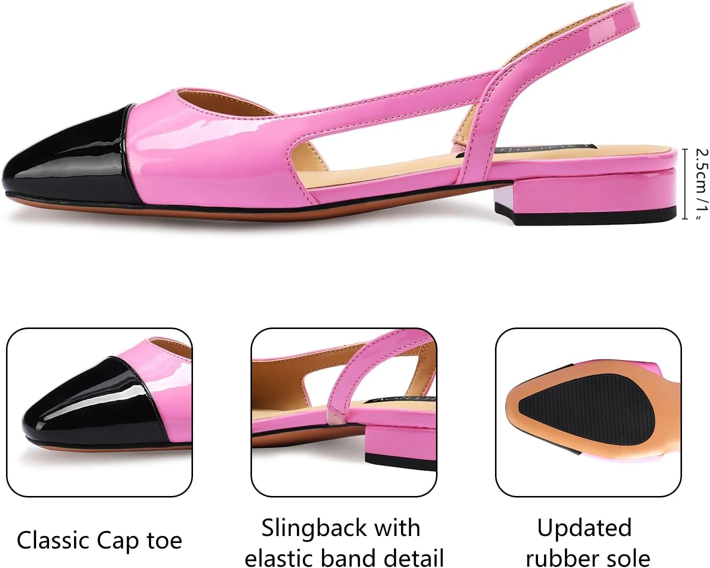 Women Slingback Flat Pumps Block Low Heeled Sandals Two Toned Cap Toe Dress Flats Slide Shoes for Formal Casual Wear