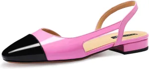 Women Slingback Flat Pumps Block Low Heeled Sandals Two Toned Cap Toe Dress Flats Slide Shoes for Formal Casual Wear