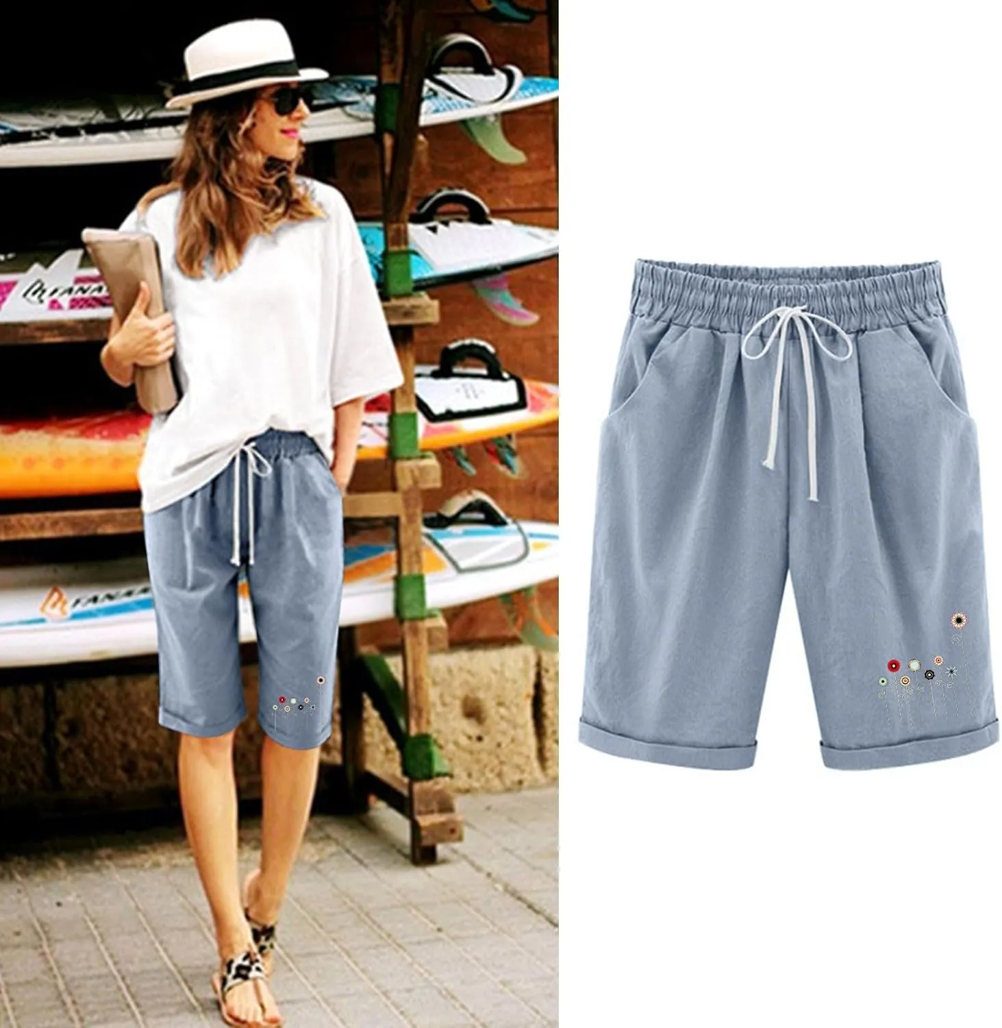 Women Summer Plus Size Casual Shorts Trendy Pleated Smocked Waist Roll-up Leg Trouser Jogger Running Lounge Sweatpant