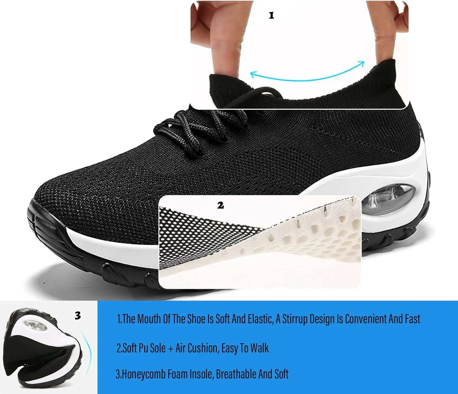Women's Air Cushioned Arch Support Walking Shoes,Breathable Lace Up Non-Slip Damping Orthopedic Diabetic Wedge Sneakers (All Black,7)