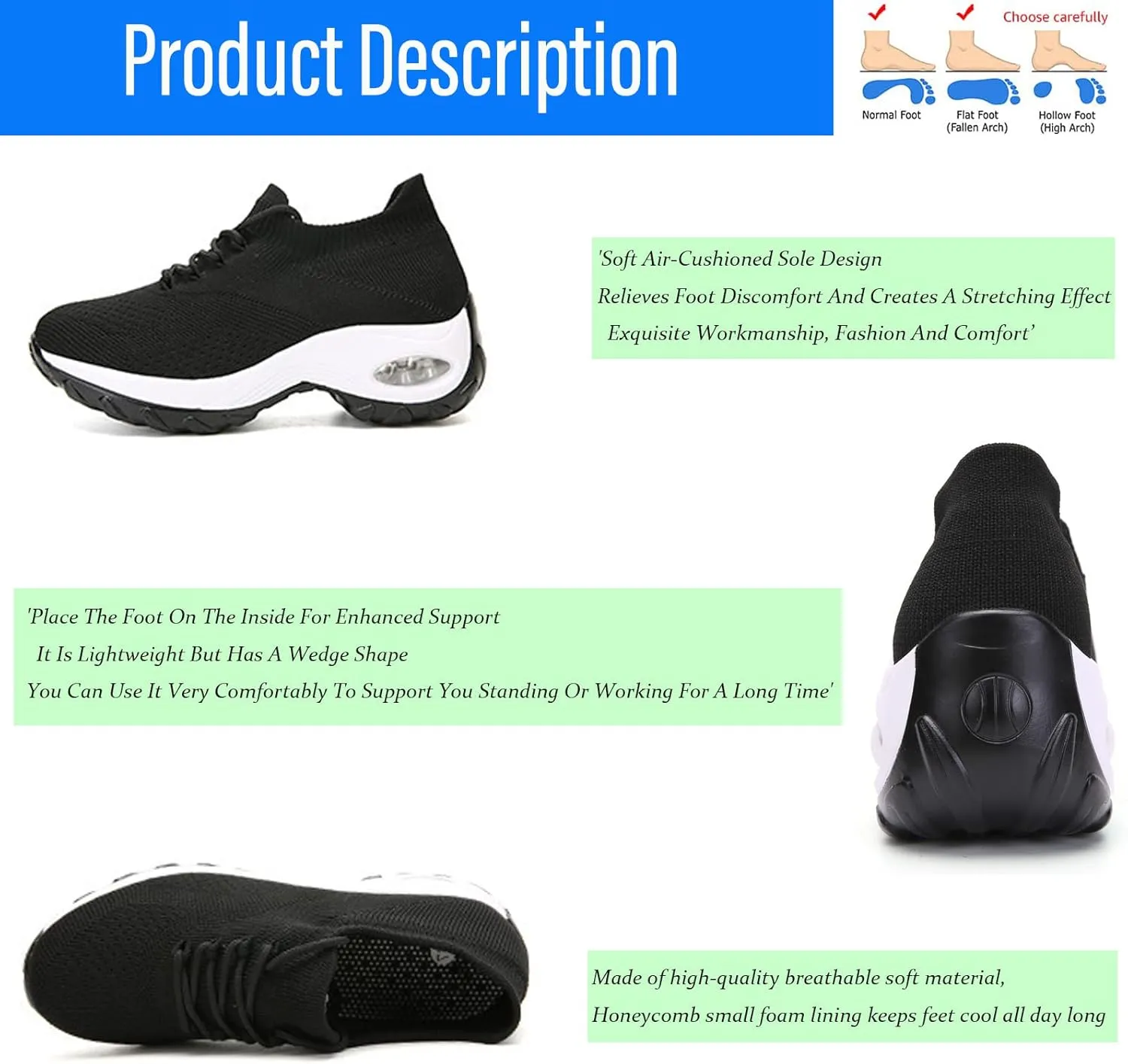 Women's Air Cushioned Arch Support Walking Shoes,Breathable Lace Up Non-Slip Damping Orthopedic Diabetic Wedge Sneakers (All Black,9)