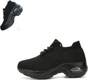 Women's Air Cushioned Arch Support Walking Shoes,Breathable Lace Up Non-Slip Damping Orthopedic Diabetic Wedge Sneakers (All Black,9)