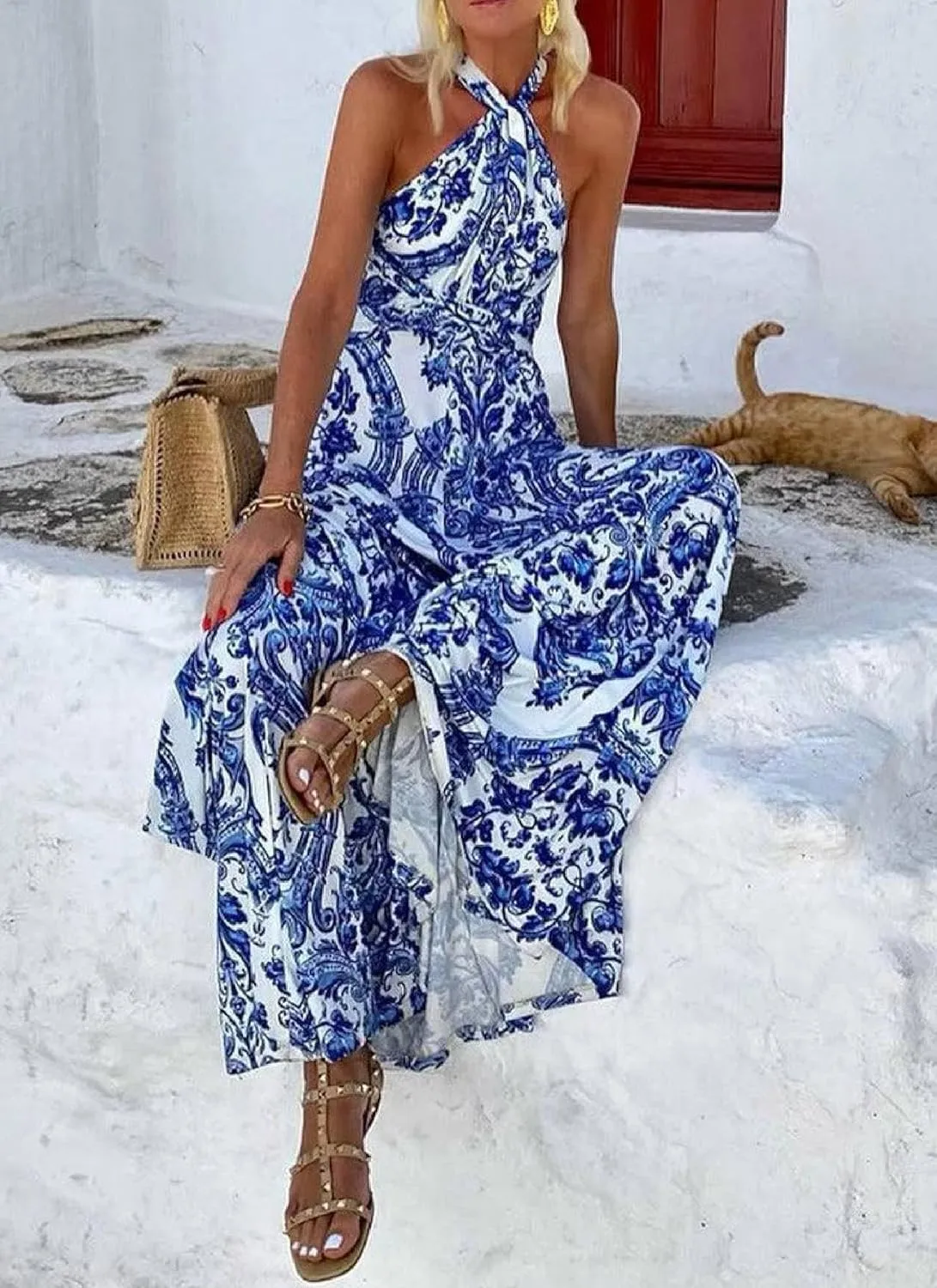 Women's Artistic Print Halter Neck Maxi Dress 2025 Summer Casual Stylish Cocktail Dress