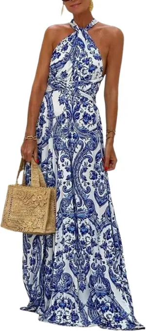 Women's Artistic Print Halter Neck Maxi Dress 2025 Summer Casual Stylish Cocktail Dress