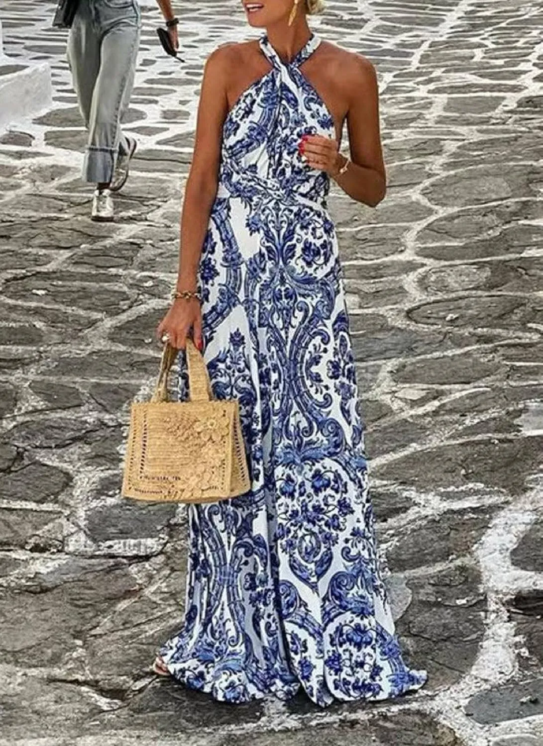 Women's Artistic Print Halter Neck Maxi Dress 2025 Summer Casual Stylish Cocktail Dress