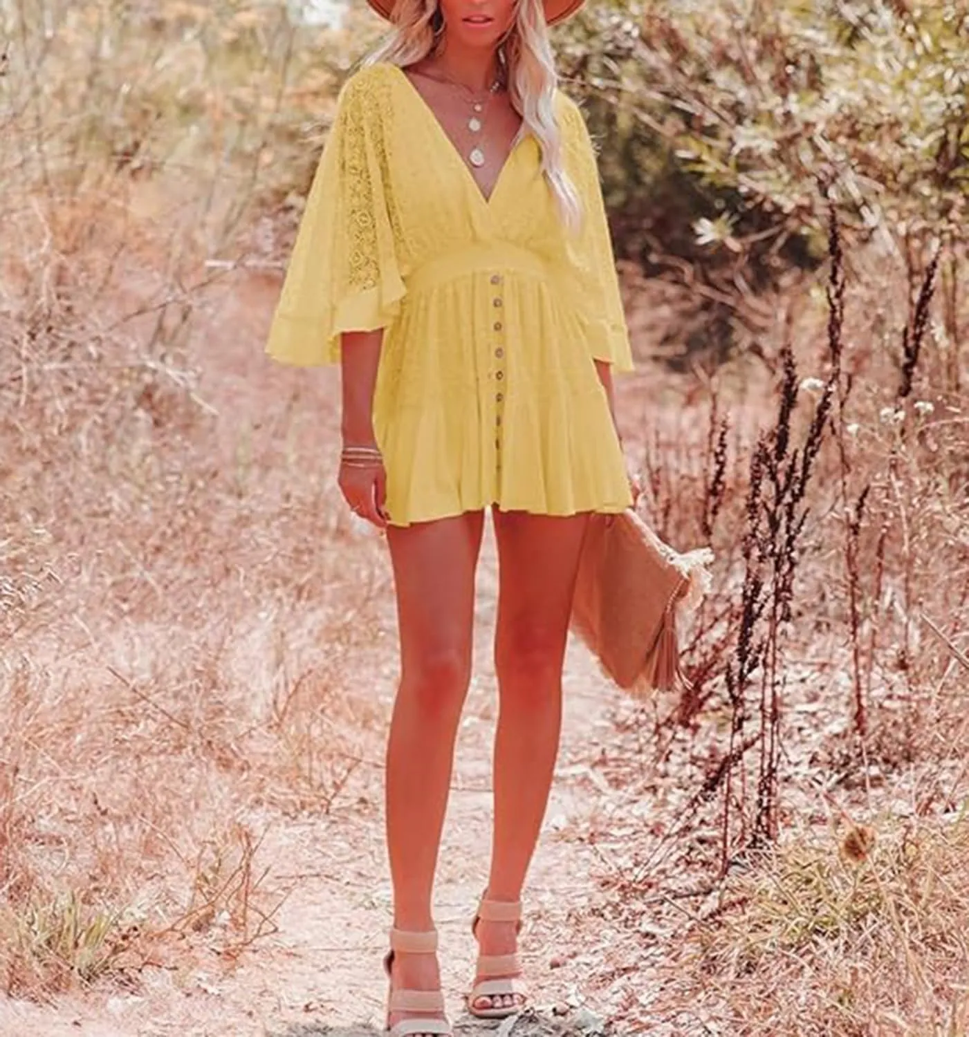 Women's Batwing Sleeve Backless Romper Dress - Lace Crochet Mini Dress for Beach, Party & Vacation