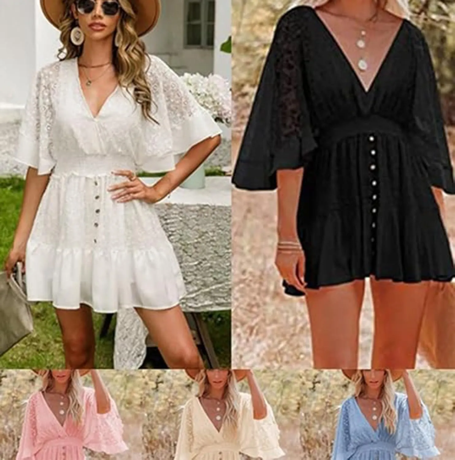 Women's Batwing Sleeve Backless Romper Dress - Lace Crochet Mini Dress for Beach, Party & Vacation